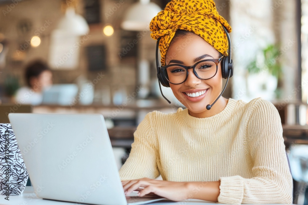 Aufkleber at the call center, a client is engaged in a conversation with a supportive and friendly agent