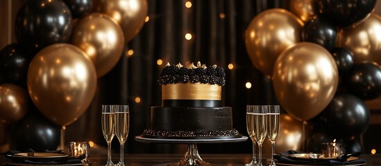 Luxury birthday theme. Black and gold cake, champagne glasses, and metallic balloons against a velvet curtain backdrop.