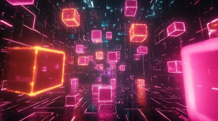 Obraz premium Vibrant Floating Cubes in Digital Space with Orange Pink and Blue Light