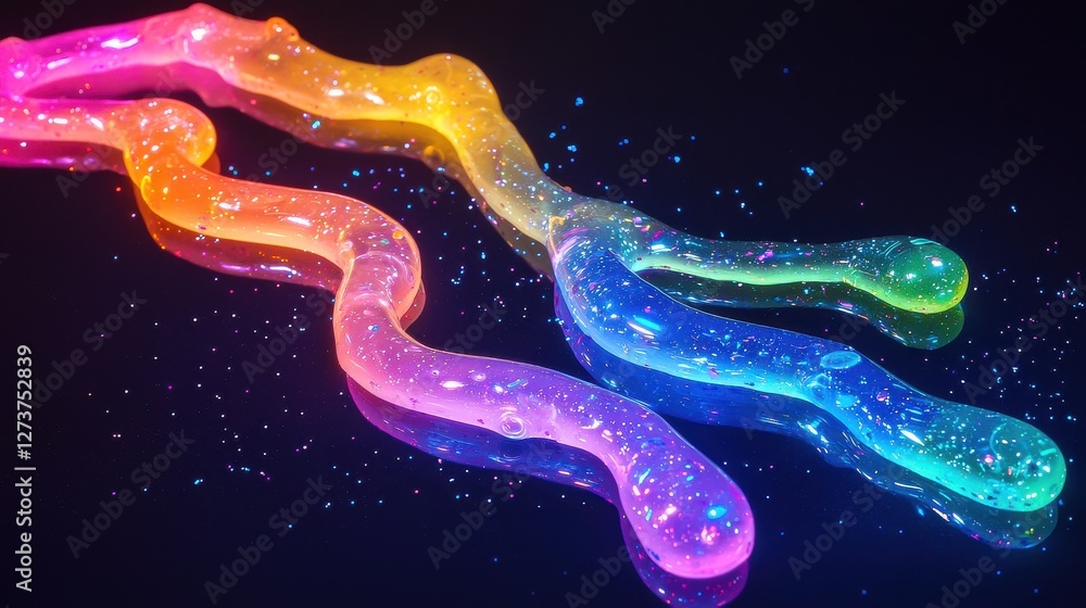 Poster abstract image of vibrant, iridescent ribbons flowing on a dark background, glittering with sparkles