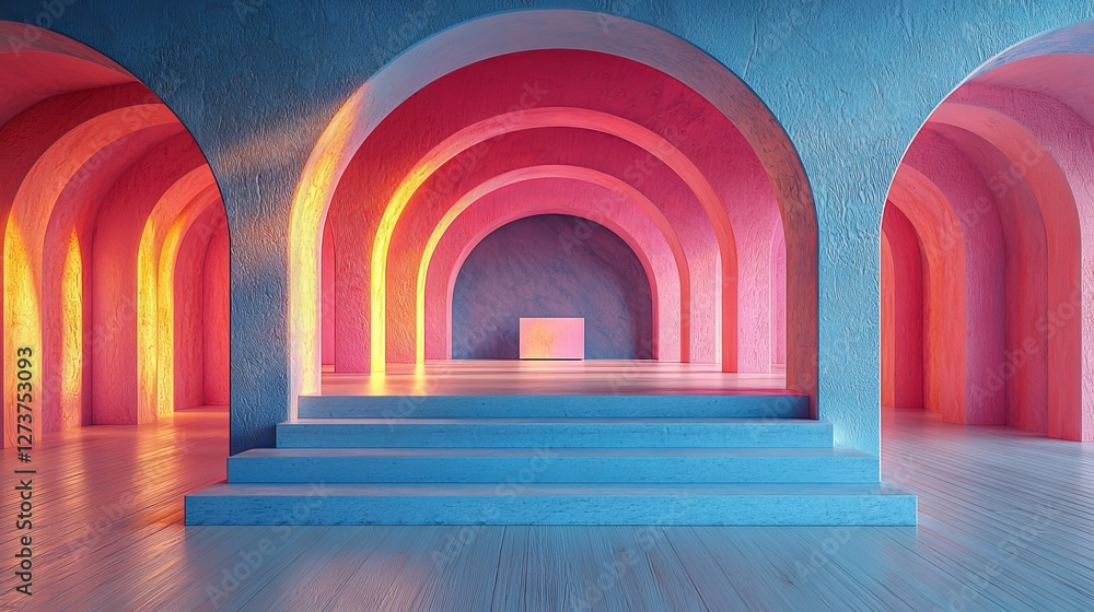 Aufkleber a 3d-rendered abstract geometry scene is set against a vibrant pink and laser-themed background, whi