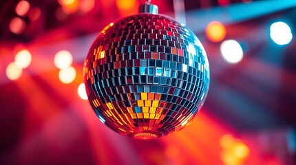 Fototapeta premium Stunning Colorful Disco Ball with Volumetric Lighting Creating an Electrifying Party Atmosphere