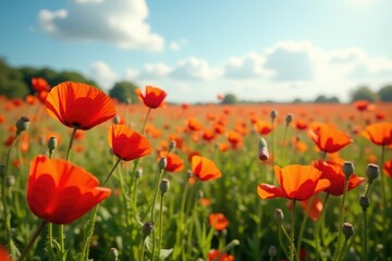 Wide shot of the wild poppy field in full bloom, sunny, spring