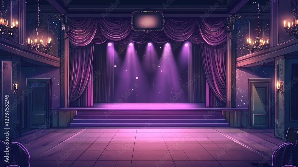Poster an evening of performances is anticipated in a modern setting, where an empty stage is bathed in str