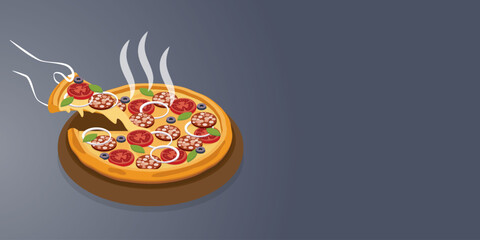 Pizza background for menu, cards, blogs, banners, webpage. Template for your text inside. 3d flat isometric vector illustration on a dark background.