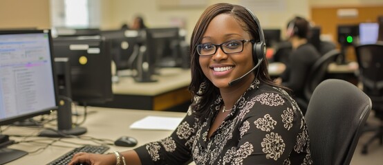 A call center is operated by a cheerful black woman who provides internet-based customer support, utilizes a computer for CRM telemarketing, and maintains a friendly demeanor at all times