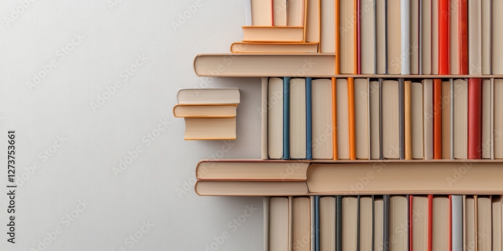 Aufkleber minimalist book display curved wooden bookshelf wall with leather-bound volumes - modern library int