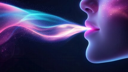 Obraz premium Close up profile view of a woman's face, particles of pink, blue, and purple light emanating from her mouth, dark background, digital art.