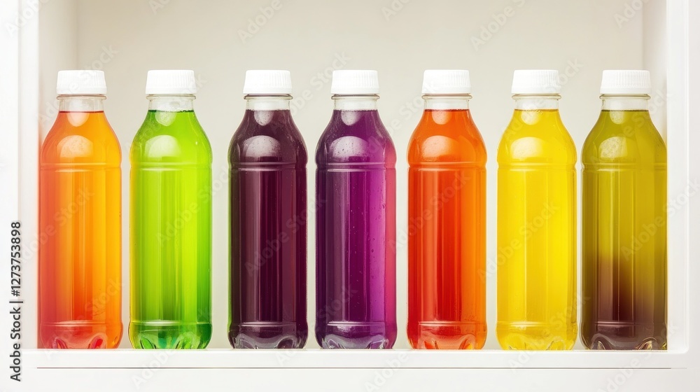 Poster a row of colorful bottled drinks displayed on a shelf.
