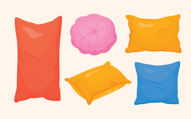 Set of pillows multicolor flat style. Home interior textile. Colorful pillows different shapes.