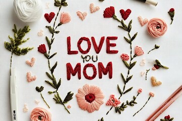 Happy Mother's day Embroidery floral art needle work with red pink and green threads wishing and greeting card 