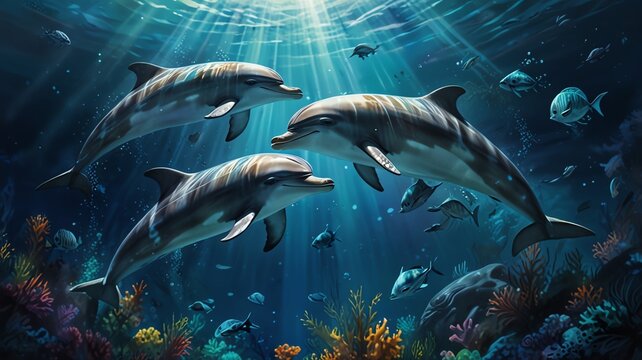 Three dolphins swim gracefully in vibrant coral reef, sunbeams