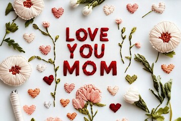 Happy Mother's day Embroidery floral art needle work with red pink and green threads wishing and greeting card 