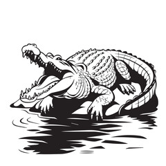 A black and white crocodile image with white background