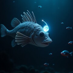 Deep sea anglerfish, bioluminescent lure, mysterious ocean d