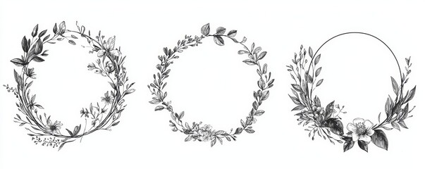 Obraz premium Decorative round floral frames made of blooming flowers, hand drawn with contour lines on a white background. Vintage laurel wreaths collection. Set of circular natural design elements. Modern