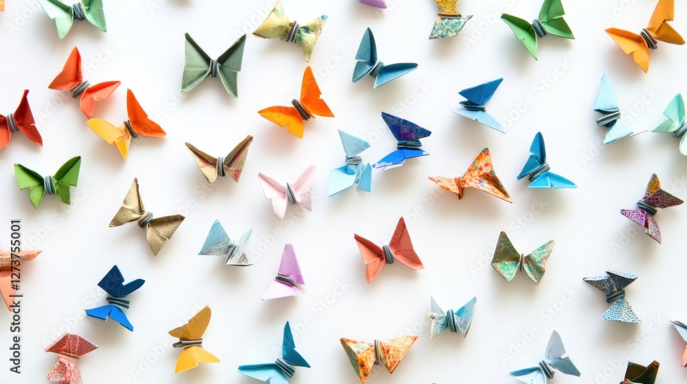 Poster a vibrant array of colorful origami butterflies displayed on a white background.