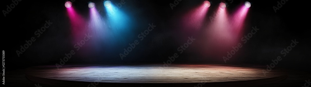 Poster the empty performance space is filled with a vibrant atmosphere due to the colorful stage lights tha