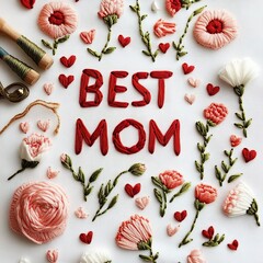 Happy Mother's day Embroidery floral art needle work with red pink and green threads wishing and greeting card 
