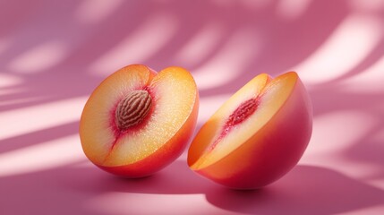 Realistic 3D Rendering of Juicy Peach Cut in Half on Pink Background