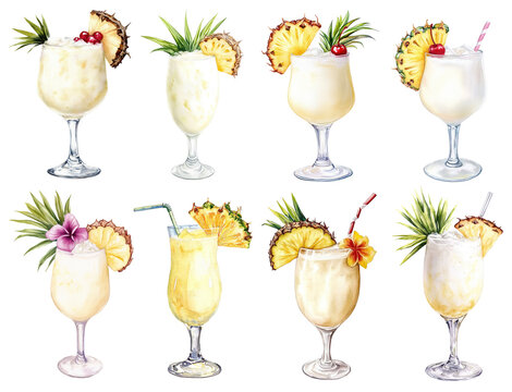 PNG collection of Pina Colada cocktails in different garnishes and glasses. Watercolor illustrations on transparent background. Tropical cocktail variety set