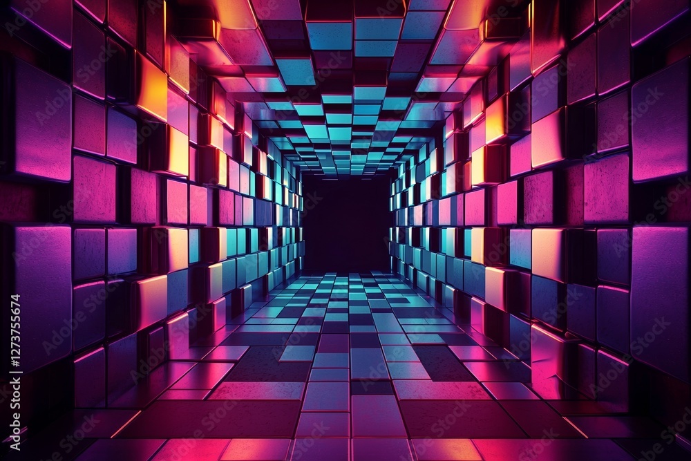 Poster a stock-generated abstract image features a neon cubic corridor that functions as a portal to an ult