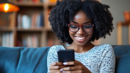 A smiling young black woman in a knitted sweater holding a smartphone in her hands