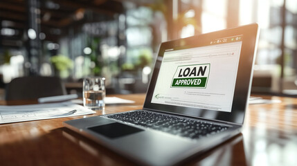 Loan application approval displayed on laptop screen in a bright and professional workspace