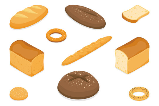 Set of  bread illustrations: rye, wheat, whole grain, sliced bread, bagel, french baguette, bun. Isometric flat vector isolated on white background