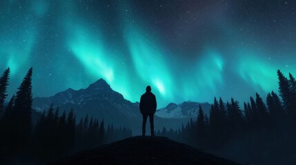 Fototapeta premium Breathtaking Aurora Borealis Over Majestic Mountains with Silhouette of a Person in a Serene Night Landscape