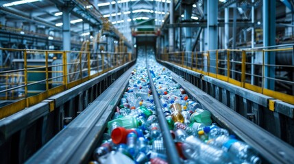 Fototapeta premium A conveyor belt transports various plastic bottles through a recycling plant. Sunlight streams in, highlighting the diverse colors and shapes of the bottles.