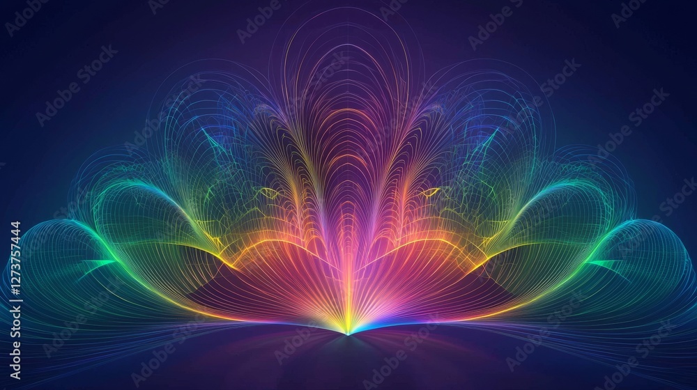 Poster the refraction and distortion of rainbow rays are abstractly rendered in 3d, showcasing a spectral g