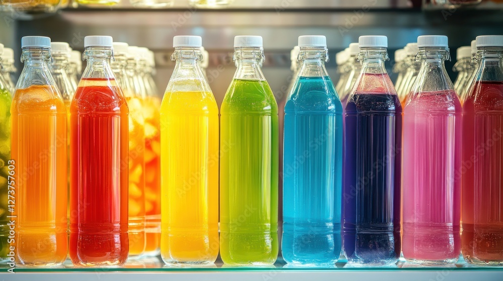 Poster a colorful array of bottled beverages displayed in a refrigerator.