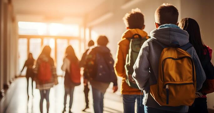 Students walk towards the sunlit exit of a school hallway during a late afternoon transition time, creating a sense of camaraderie and youthful energy