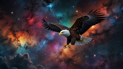 Fototapeta premium Majestic bald eagle soars through vibrant, cosmic nebula
