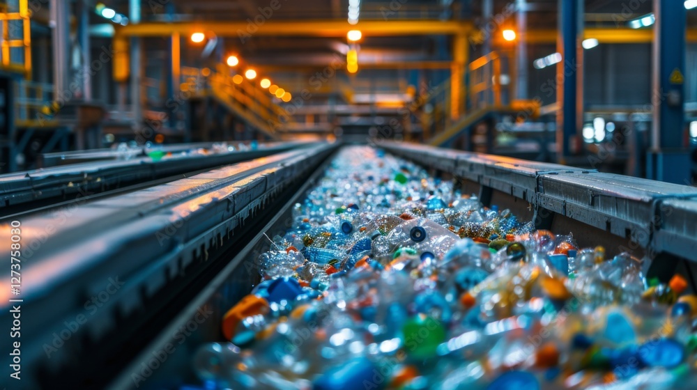 Leinwandbilder conveyor belts transport plastic bottles in a recycling facility illuminated by bright lights. worke