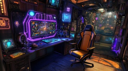 Obraz premium Futuristic Cyberpunk Gaming Setup With Neon Lighting