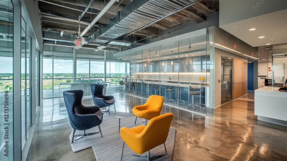 Aufkleber modern office space featuring stylish seating and a collaborative environment with large windows.
