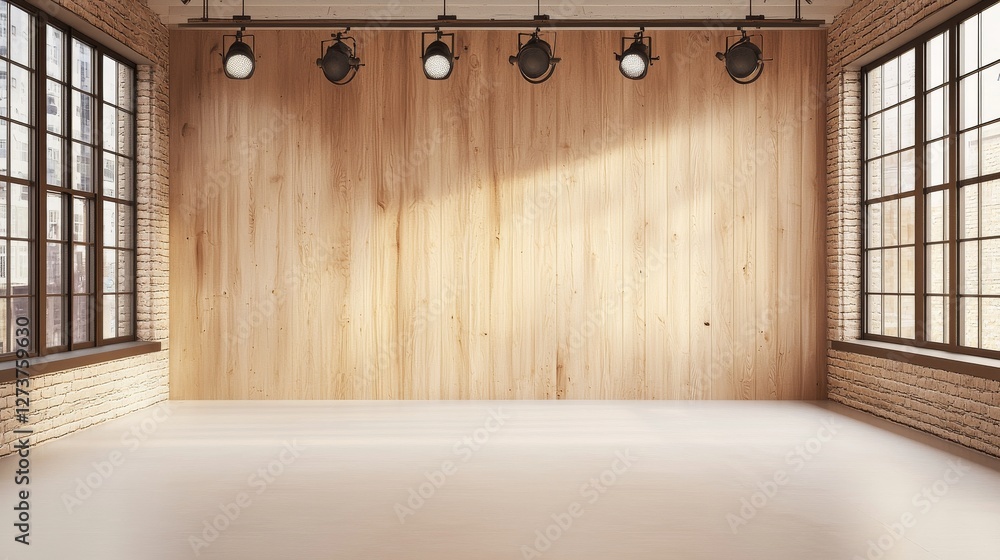 Poster an empty room with a matte white floor and blank ivory walls is illuminated by adjustable led spotli