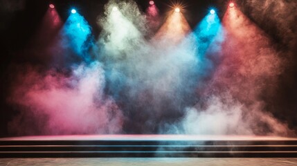 Theatre production takes place on a stage with a podium, incorporating theatrical props, costume designs, and dramatic lighting in a minimalist approach