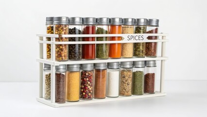 Spice Rack with Assorted Spices in Test Tubes on White Background