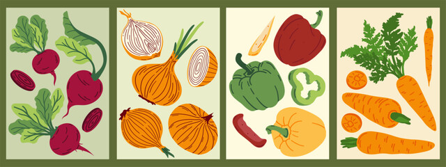 Set of abstract art posters in vegetables. Hand drawn red, green and yellow peppers, carrots, beet and onions. Vector illustration for postcard, brochure, cover.