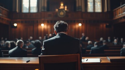 A detective taking notes in a courtroom during a trial. Featuring justice and analysis