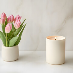Obraz premium serene setting featuring pink tulips and lit candle, creating calming atmosphere