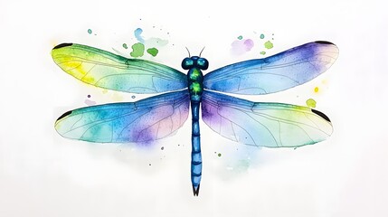 Ethereal Dragonfly in Vibrant Watercolor Strokes A delicate iridescent insect captured in airy shimmering brushstrokes of green blue and violet against a background
