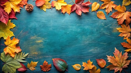 Warm autumnal hues of leaves scattered on a blue chalkboard, leaf pattern, fall colors