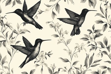 Fototapeta premium Hummingbirds floral pattern, garden background, nature design, textile print