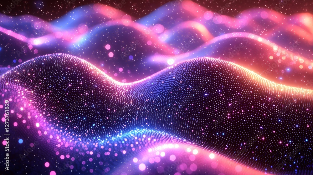 Poster an abstract background serves as the foundation for a digital wave of particles and glowing star poi