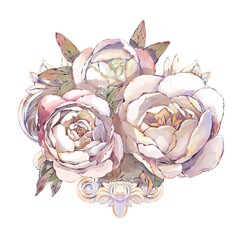 Delicate Watercolor Composition Of A Blooming Garden While Peony Flower With Green Leaves And Soft Petals And Antique Elements In A Romantic Botanical Art Style. High quality illustration