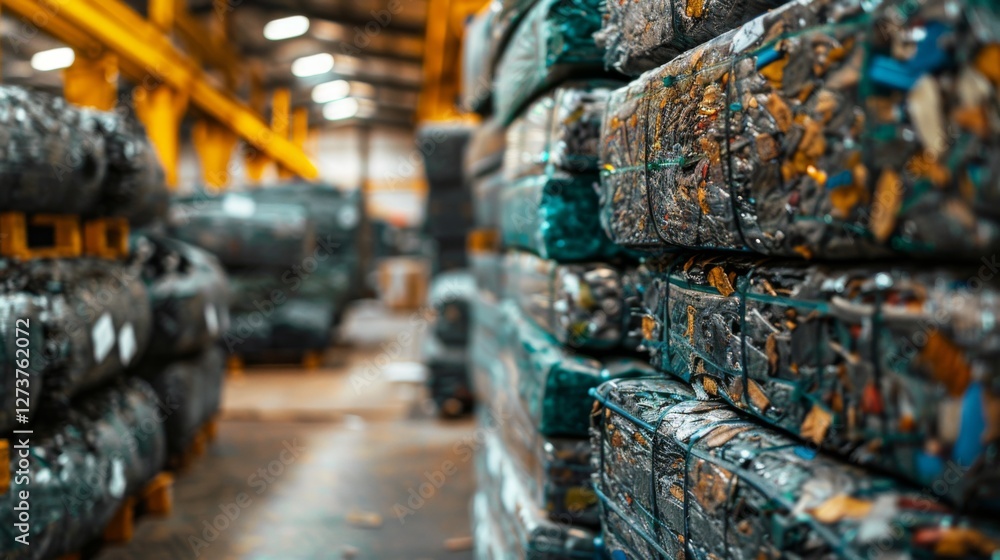 Aufkleber Bales of sorted and compressed recyclable materials are stacked in a large industrial facility, demonstrating operations focused on sustainability and efficient waste processing.